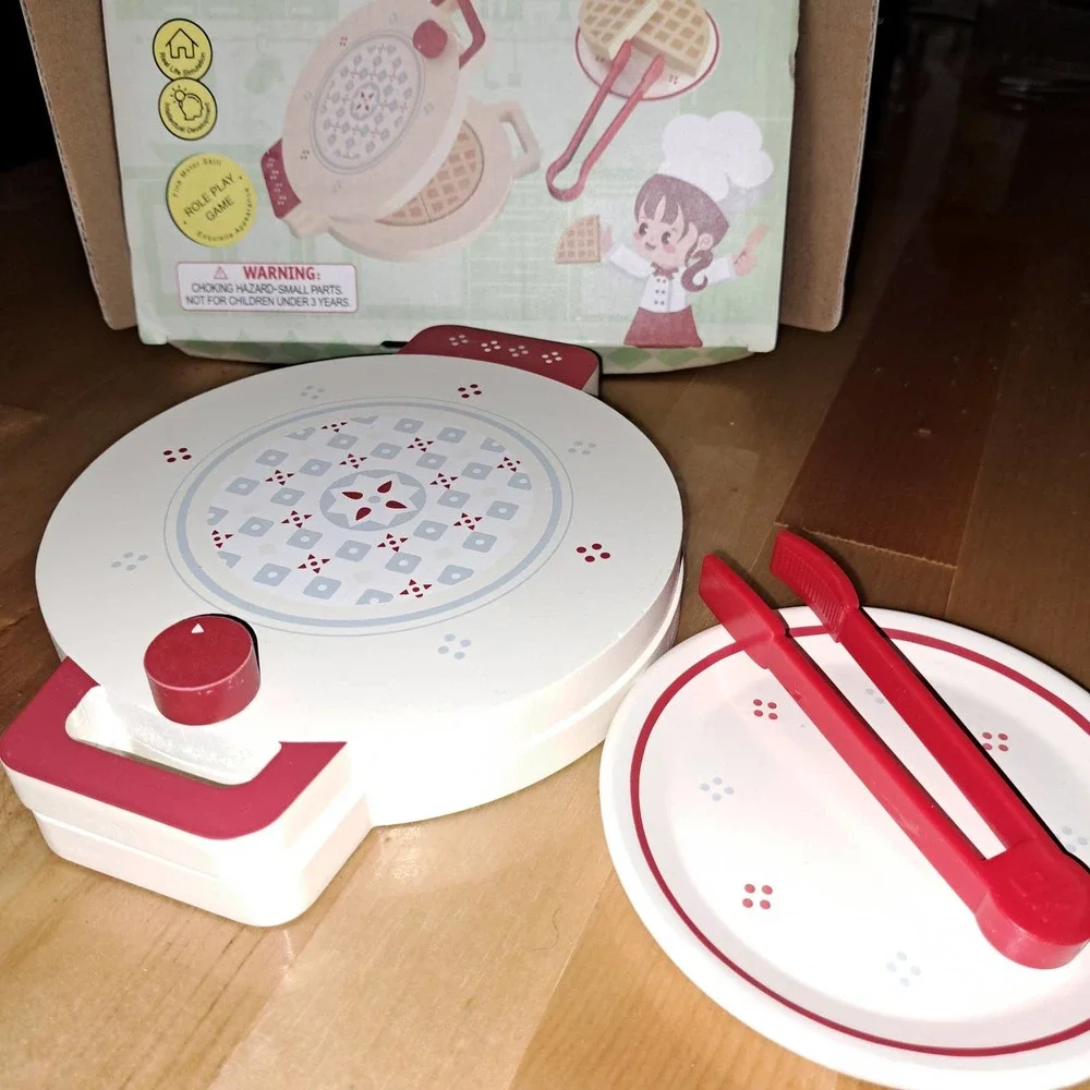 ADORABLE-ECO Friendly Child Play- Wooden Waffle Iron-tong-plate